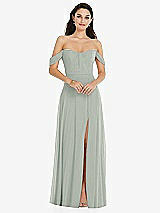 Front View Thumbnail - Willow Green Off-the-Shoulder Draped Sleeve Maxi Dress with Front Slit