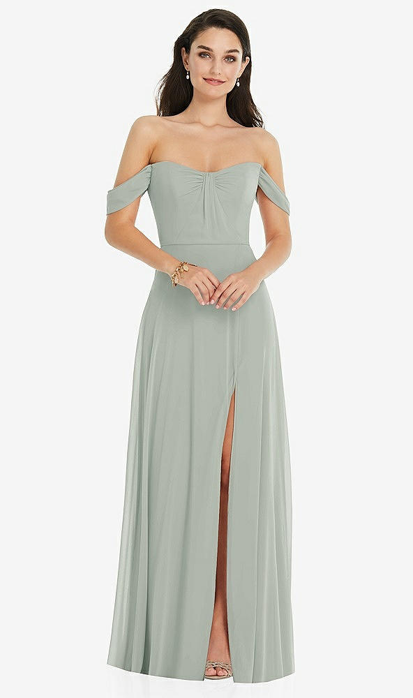 Front View - Willow Green Off-the-Shoulder Draped Sleeve Maxi Dress with Front Slit