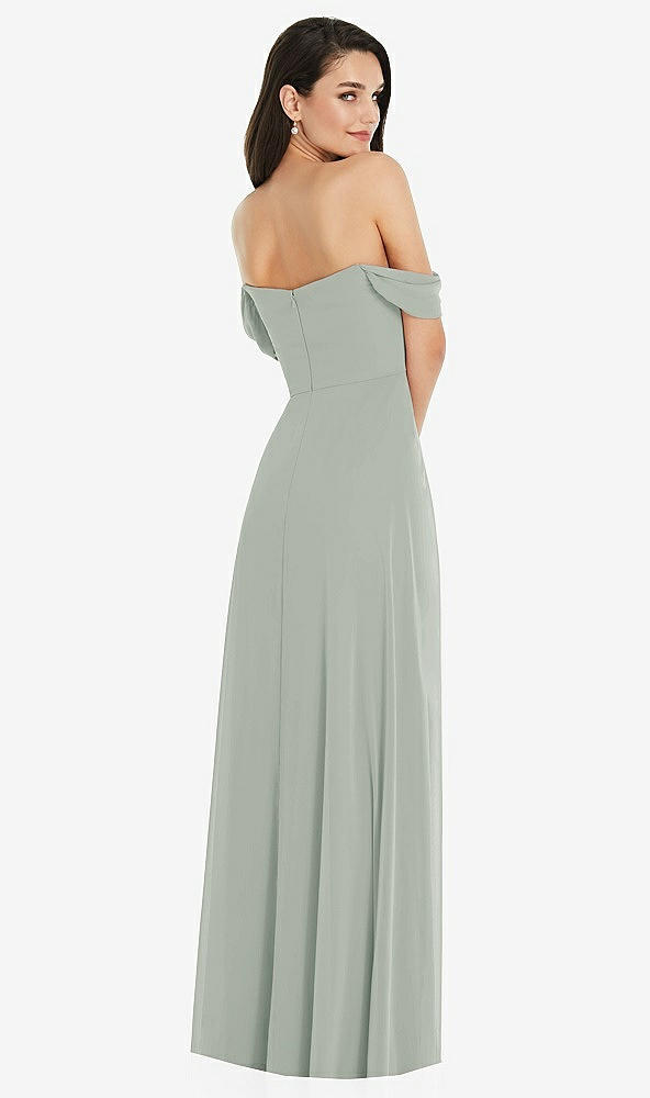 Back View - Willow Green Off-the-Shoulder Draped Sleeve Maxi Dress with Front Slit