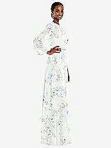 Side View Thumbnail - Bleu Garden Strapless Chiffon Maxi Dress with Puff Sleeve Blouson Overlay 