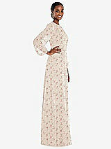 Side View Thumbnail - Coquette Floral Print Strapless Chiffon Maxi Dress with Puff Sleeve Blouson Overlay 