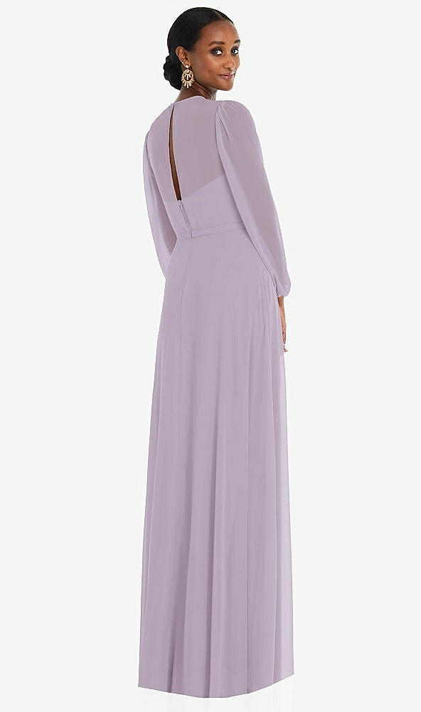 Back View - Lilac Haze Strapless Chiffon Maxi Dress with Puff Sleeve Blouson Overlay 