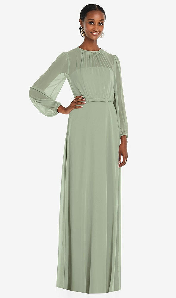 Front View - Sage Strapless Chiffon Maxi Dress with Puff Sleeve Blouson Overlay 