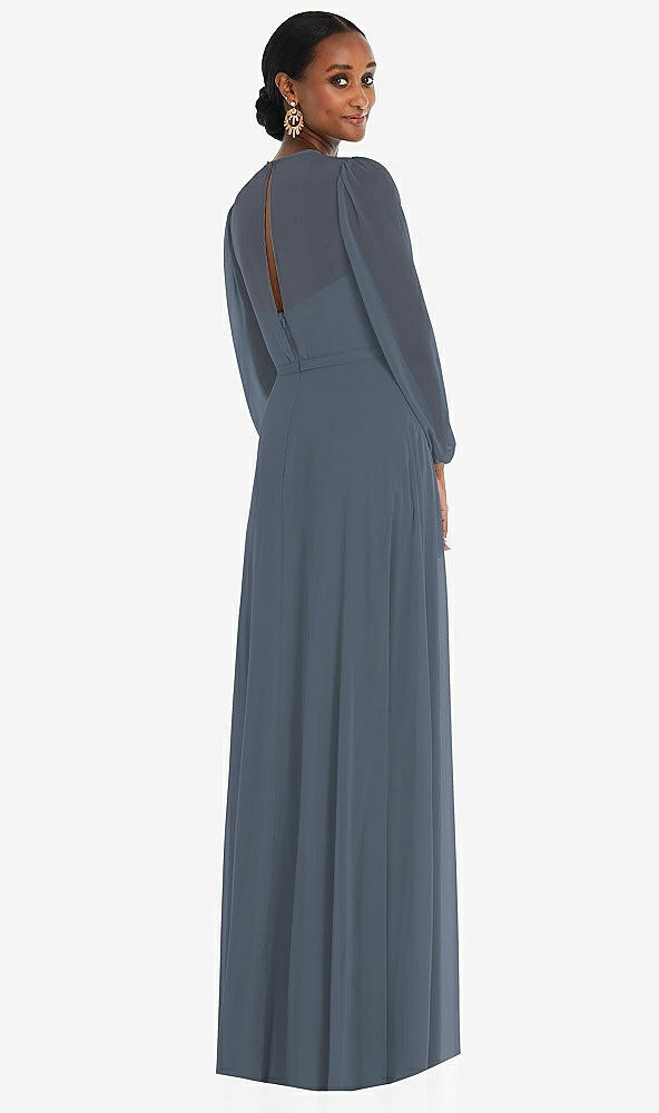 Back View - Silverstone Strapless Chiffon Maxi Dress with Puff Sleeve Blouson Overlay 