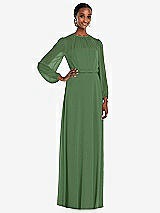 Front View Thumbnail - Vineyard Green Strapless Chiffon Maxi Dress with Puff Sleeve Blouson Overlay 