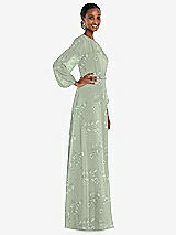 Side View Thumbnail - Vintage Primrose Sage Strapless Chiffon Maxi Dress with Puff Sleeve Blouson Overlay 