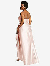 Rear View Thumbnail - Blush Strapless Satin Gown with Draped Front Slit and Pockets