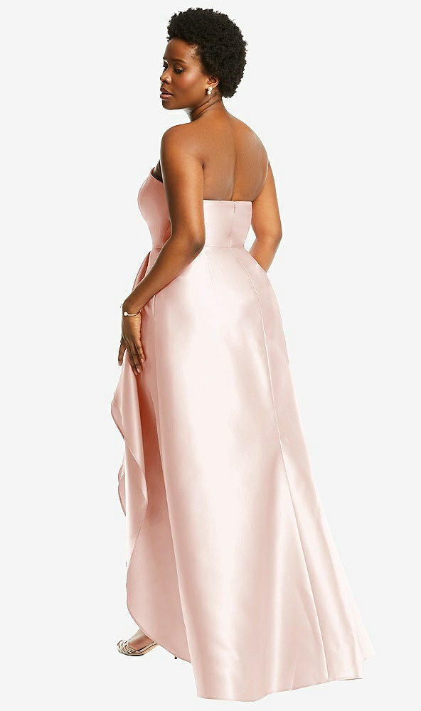 Back View - Blush Strapless Satin Gown with Draped Front Slit and Pockets