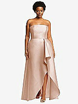 Front View Thumbnail - Cameo Strapless Satin Gown with Draped Front Slit and Pockets