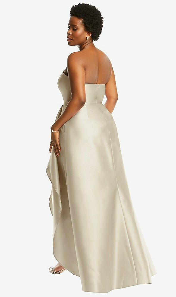 Back View - Champagne Strapless Satin Gown with Draped Front Slit and Pockets