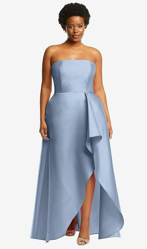 Front View - Cloudy Strapless Satin Gown with Draped Front Slit and Pockets