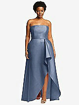 Front View Thumbnail - Larkspur Blue Strapless Satin Gown with Draped Front Slit and Pockets