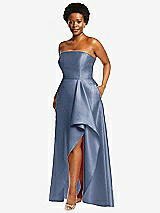 Side View Thumbnail - Larkspur Blue Strapless Satin Gown with Draped Front Slit and Pockets