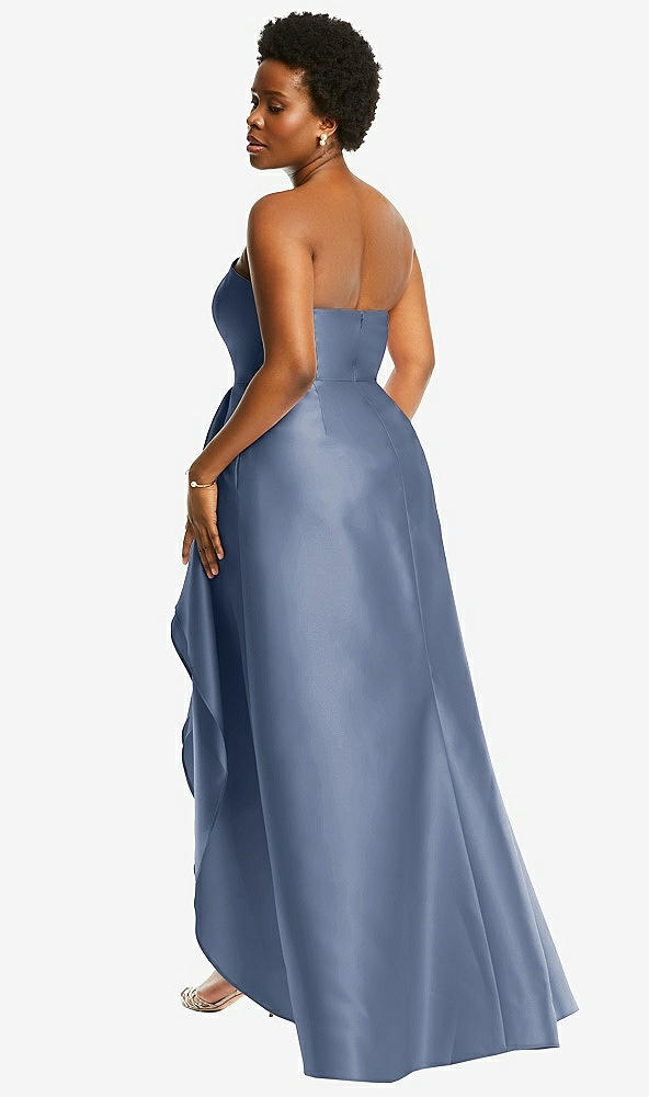 Back View - Larkspur Blue Strapless Satin Gown with Draped Front Slit and Pockets