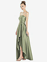 Alt View 2 Thumbnail - Sage Strapless Satin Gown with Draped Front Slit and Pockets