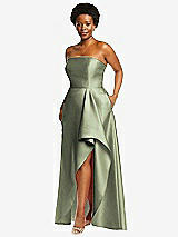 Side View Thumbnail - Sage Strapless Satin Gown with Draped Front Slit and Pockets