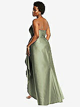 Rear View Thumbnail - Sage Strapless Satin Gown with Draped Front Slit and Pockets