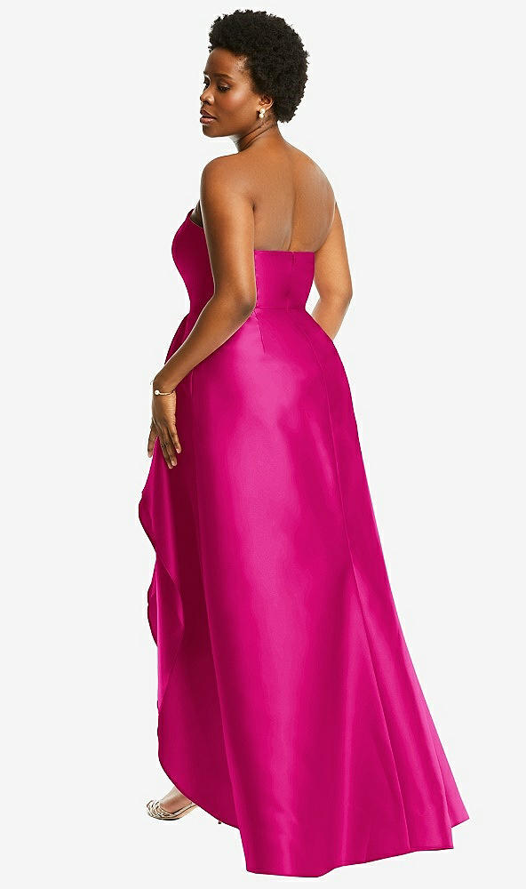 Back View - Think Pink Strapless Satin Gown with Draped Front Slit and Pockets