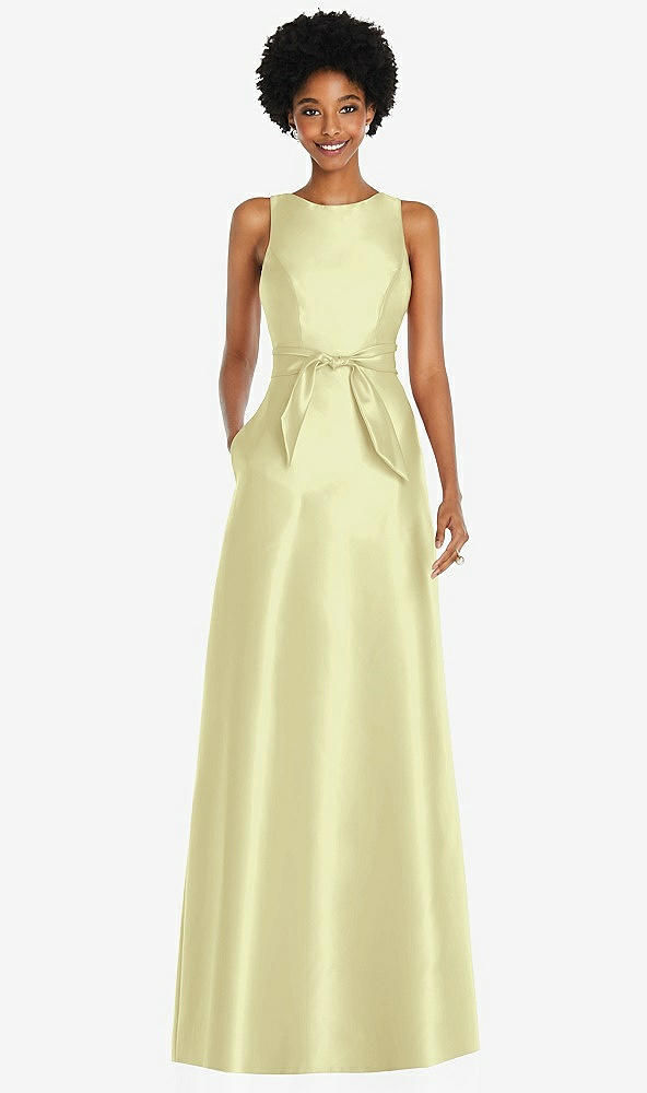 Front View - Butter Yellow Jewel-Neck V-Back Maxi Dress with Mini Sash