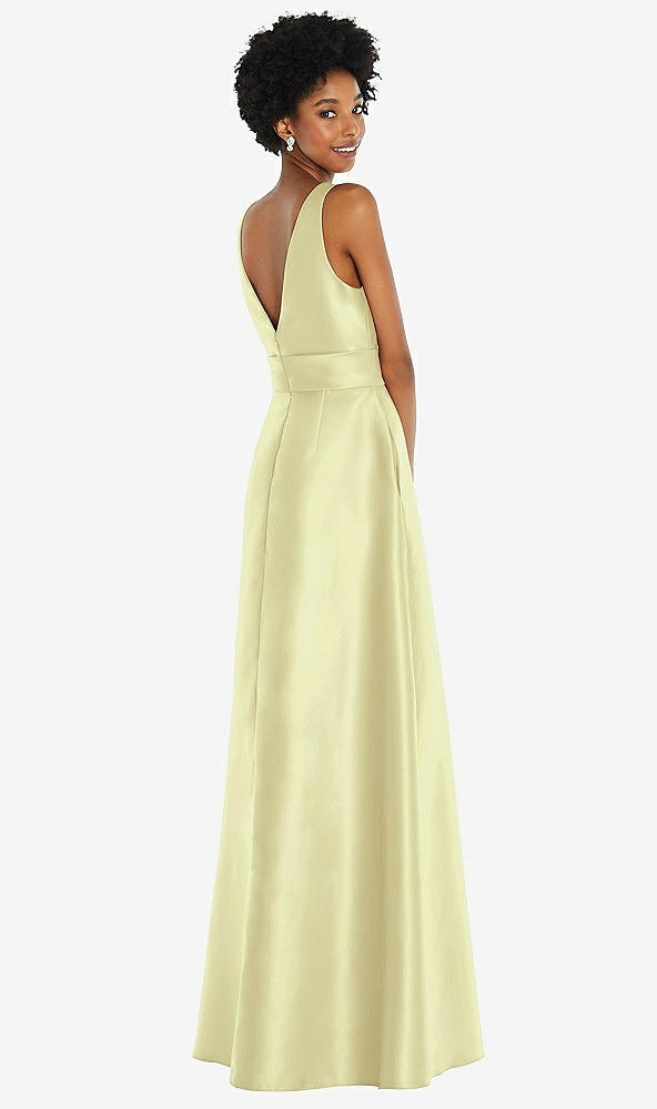 Back View - Butter Yellow Jewel-Neck V-Back Maxi Dress with Mini Sash