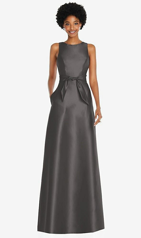 Front View - Caviar Gray Jewel-Neck V-Back Maxi Dress with Mini Sash