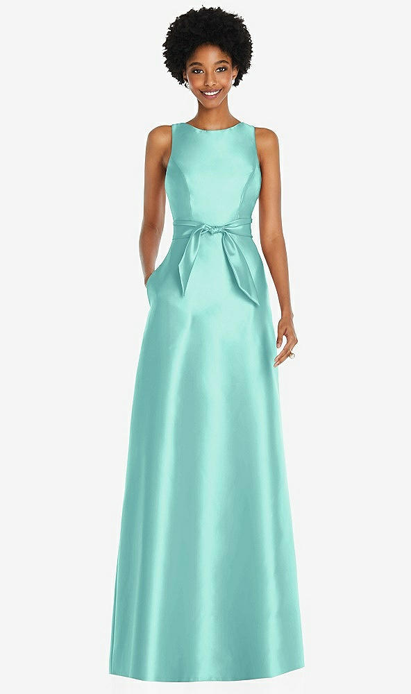 Front View - Coastal Jewel-Neck V-Back Maxi Dress with Mini Sash