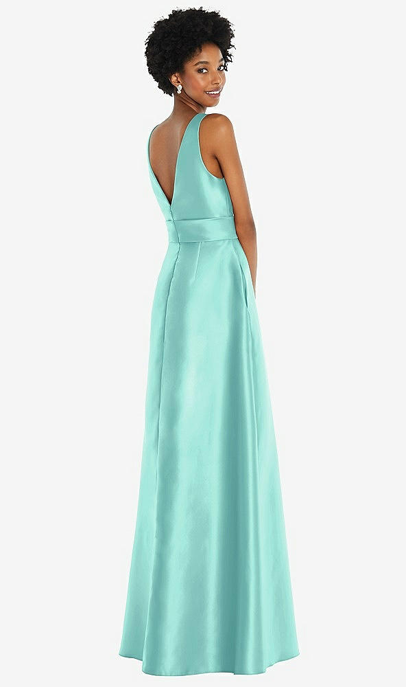 Back View - Coastal Jewel-Neck V-Back Maxi Dress with Mini Sash