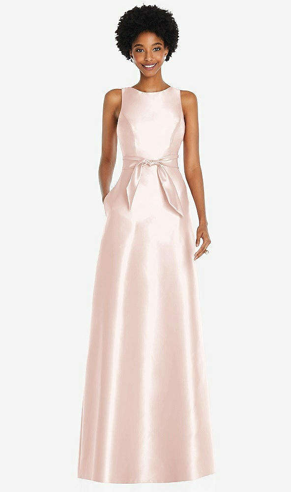 Front View - Blush Jewel-Neck V-Back Maxi Dress with Mini Sash