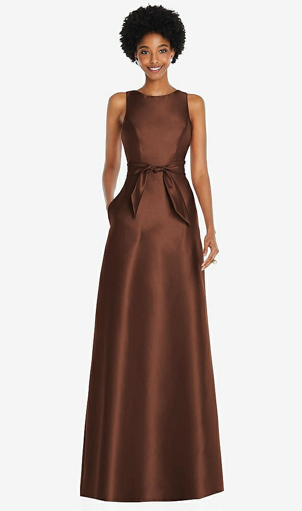 Front View - Cognac Jewel-Neck V-Back Maxi Dress with Mini Sash