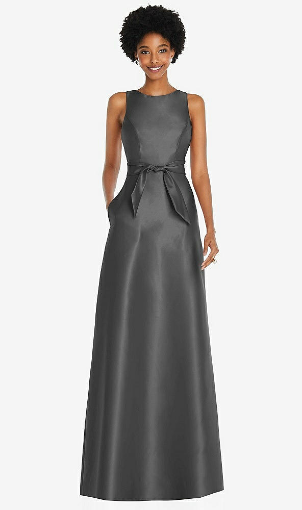 Front View - Gunmetal Jewel-Neck V-Back Maxi Dress with Mini Sash