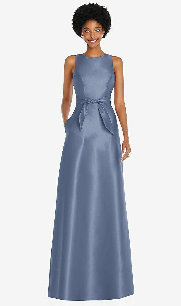 Front View - Larkspur Blue Jewel-Neck V-Back Maxi Dress with Mini Sash