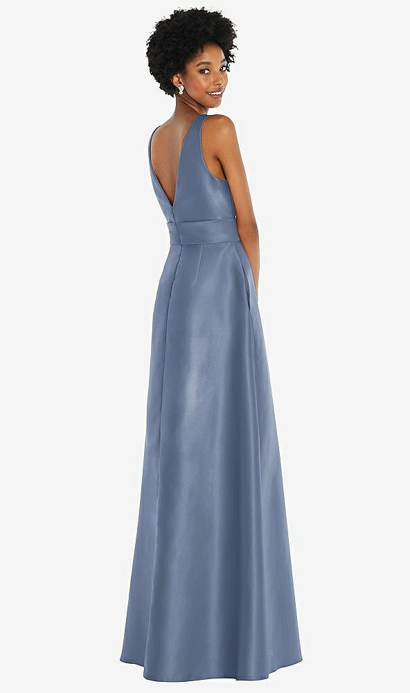 Back View - Larkspur Blue Jewel-Neck V-Back Maxi Dress with Mini Sash