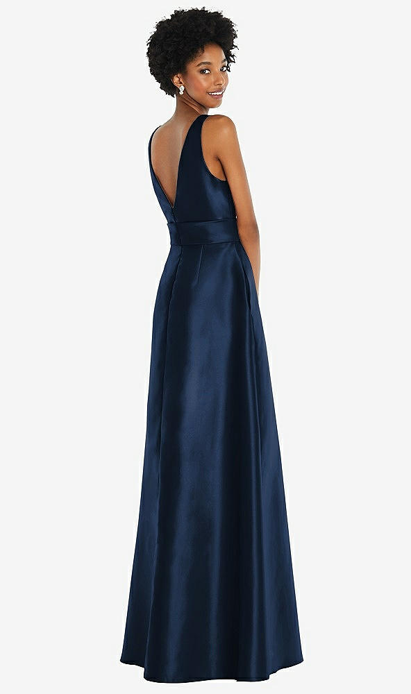 Back View - Midnight Navy Jewel-Neck V-Back Maxi Dress with Mini Sash