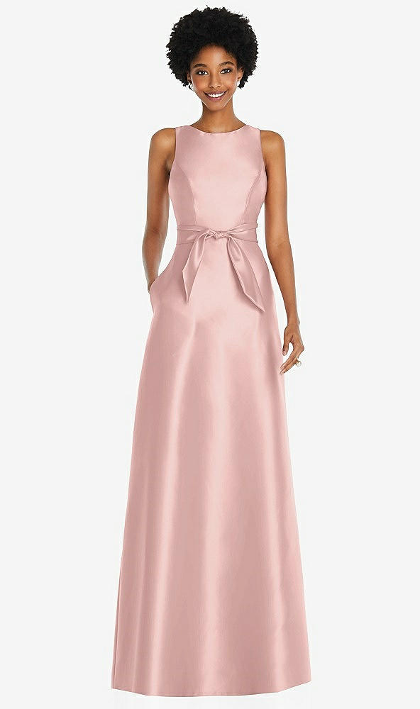 Front View - Rose - PANTONE Rose Quartz Jewel-Neck V-Back Maxi Dress with Mini Sash