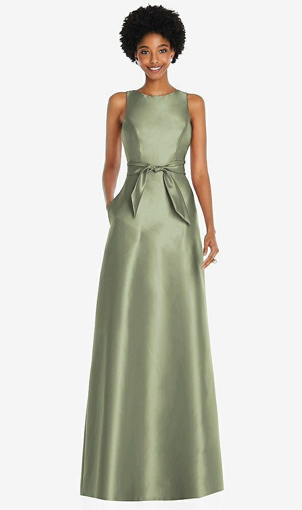 Front View - Sage Jewel-Neck V-Back Maxi Dress with Mini Sash