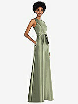 Side View Thumbnail - Sage Jewel-Neck V-Back Maxi Dress with Mini Sash