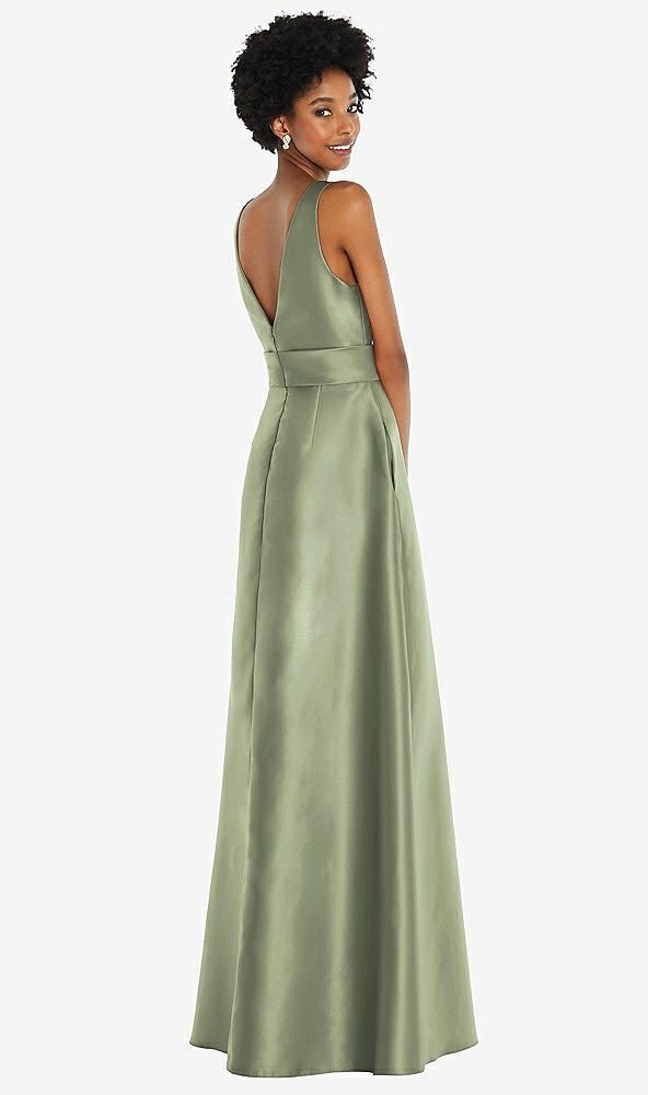 Back View - Sage Jewel-Neck V-Back Maxi Dress with Mini Sash