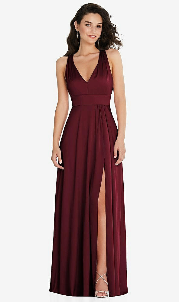 Front View - Cabernet Shirred Shoulder Criss Cross Back Maxi Dress with Front Slit