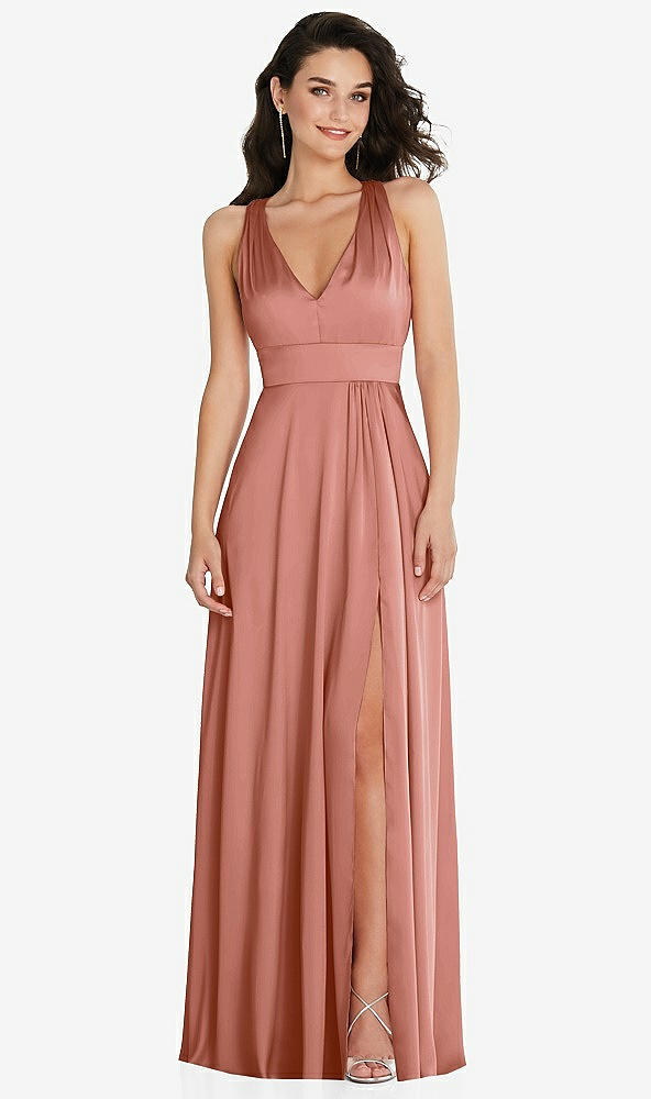 Front View - Desert Rose Shirred Shoulder Criss Cross Back Maxi Dress with Front Slit