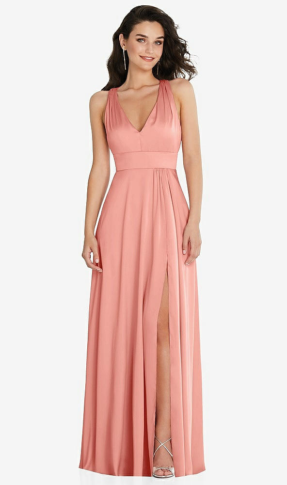 Front View - Rose Shirred Shoulder Criss Cross Back Maxi Dress with Front Slit