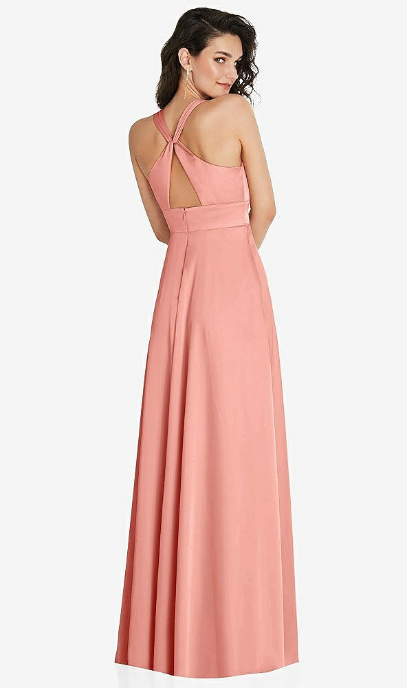 Back View - Rose Shirred Shoulder Criss Cross Back Maxi Dress with Front Slit