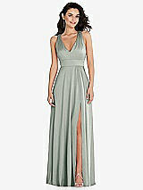 Front View Thumbnail - Willow Green Shirred Shoulder Criss Cross Back Maxi Dress with Front Slit