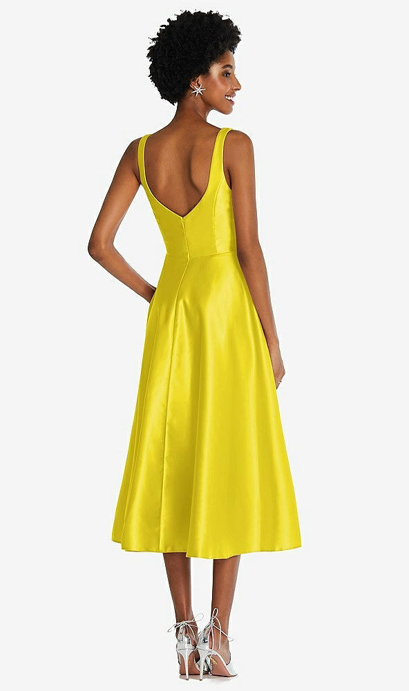 Back View - Citrus Square Neck Full Skirt Satin Midi Dress with Pockets