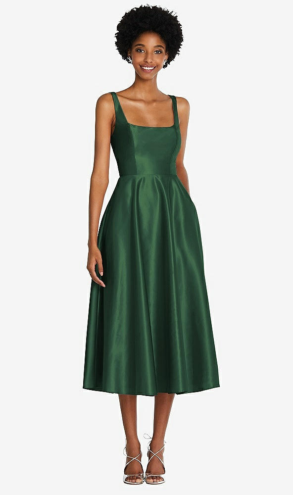 Front View - Hampton Green Square Neck Full Skirt Satin Midi Dress with Pockets