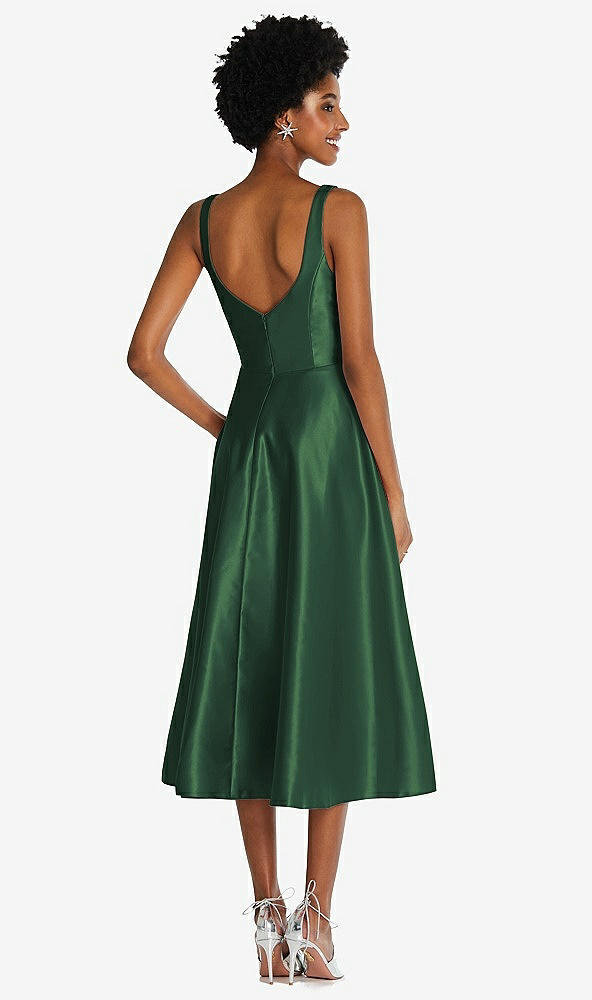 Back View - Hampton Green Square Neck Full Skirt Satin Midi Dress with Pockets