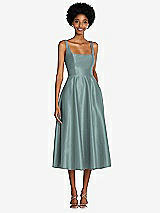 Front View Thumbnail - Icelandic Square Neck Full Skirt Satin Midi Dress with Pockets