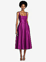 Front View Thumbnail - Persian Plum Square Neck Full Skirt Satin Midi Dress with Pockets