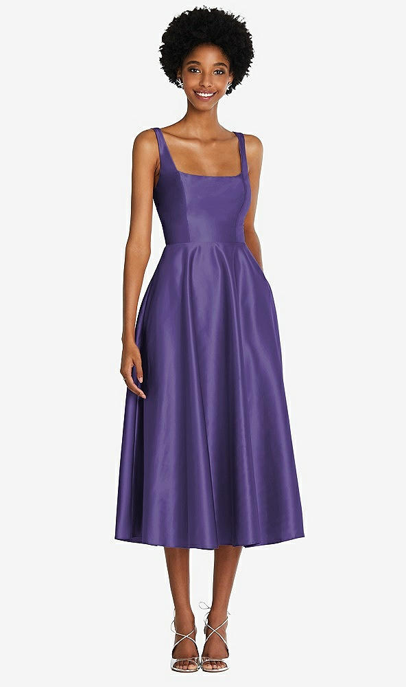 Front View - Regalia - PANTONE Ultra Violet Square Neck Full Skirt Satin Midi Dress with Pockets