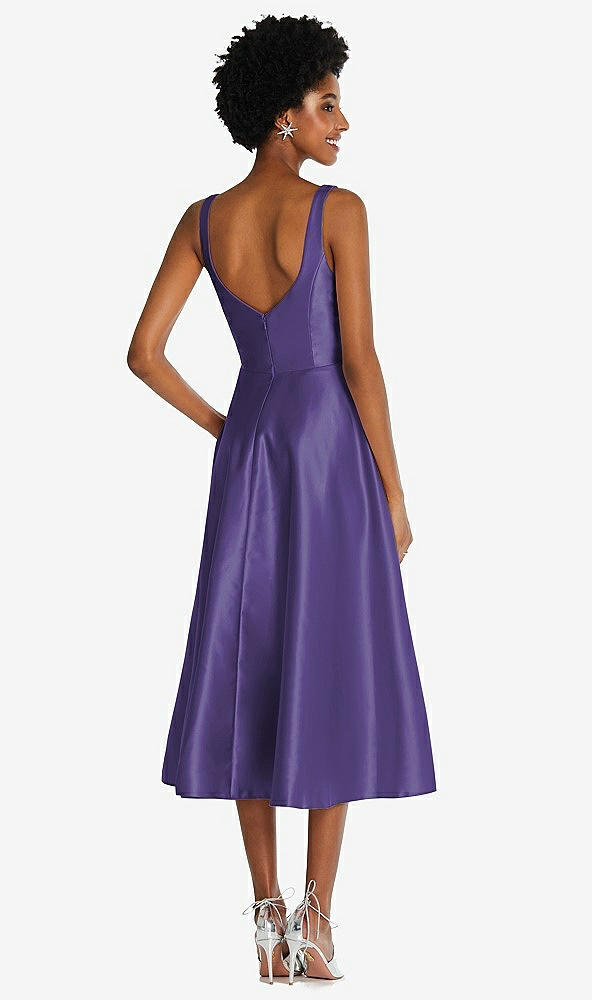 Back View - Regalia - PANTONE Ultra Violet Square Neck Full Skirt Satin Midi Dress with Pockets