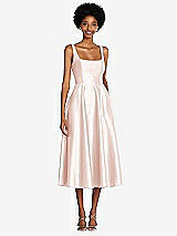 Front View Thumbnail - Blush Square Neck Full Skirt Satin Midi Dress with Pockets